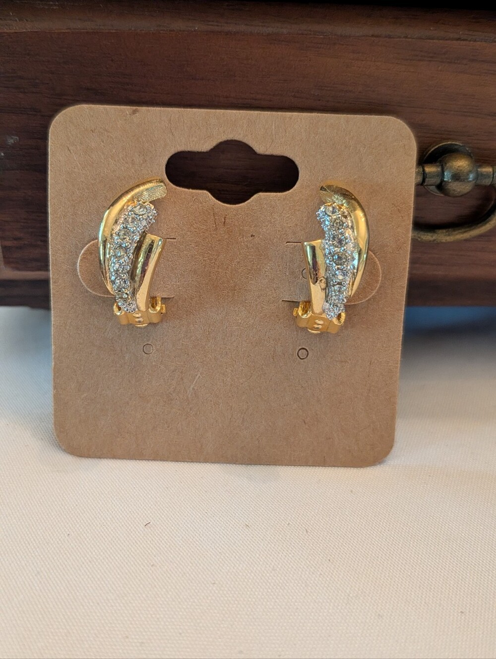 Gold Tone Crystal Hoop Clip Earrings - Elegant Women's Jewelry